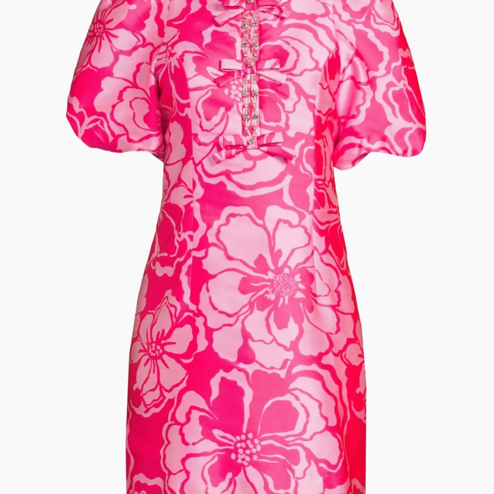 Lilly Pulitzer Hot Pink Floral Puff-Sleeve Mini Dress Reserve collection 6 - Picture 3 of 8